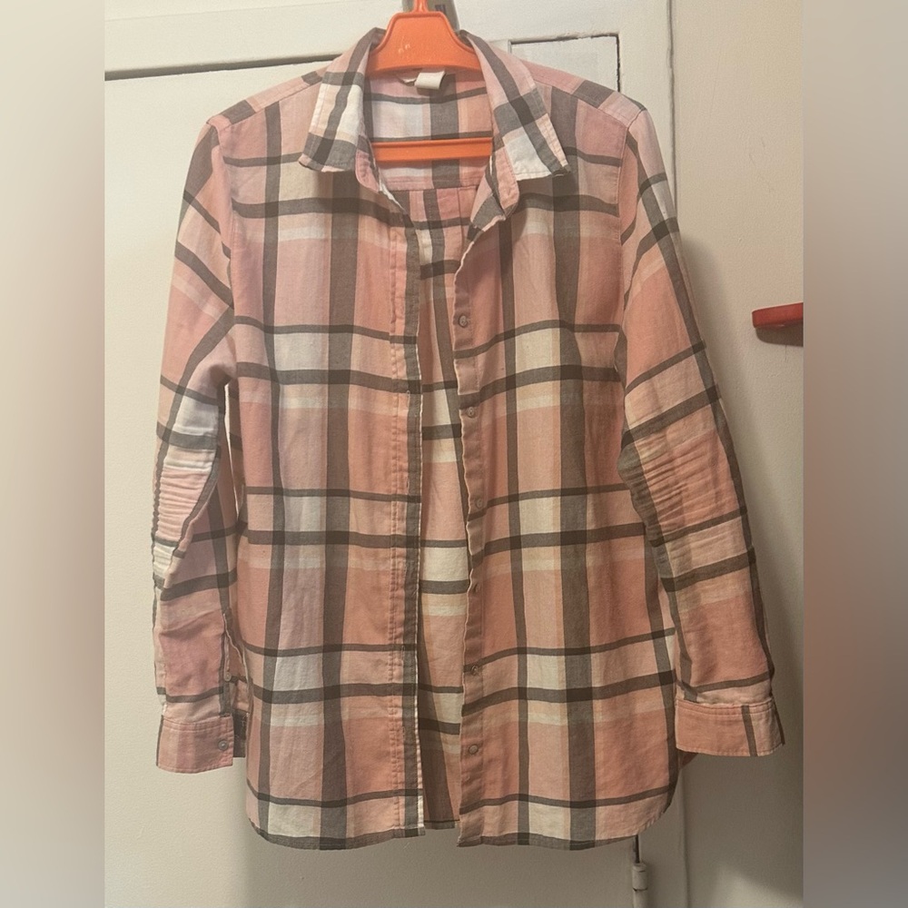Pink and White Plaid Button-Up Shirt